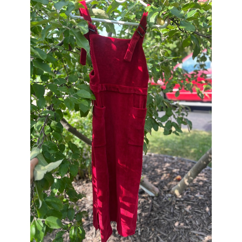 Topshop Red Corduroy Pinafore Midi Dress Adjustable Straps Pockets US 6